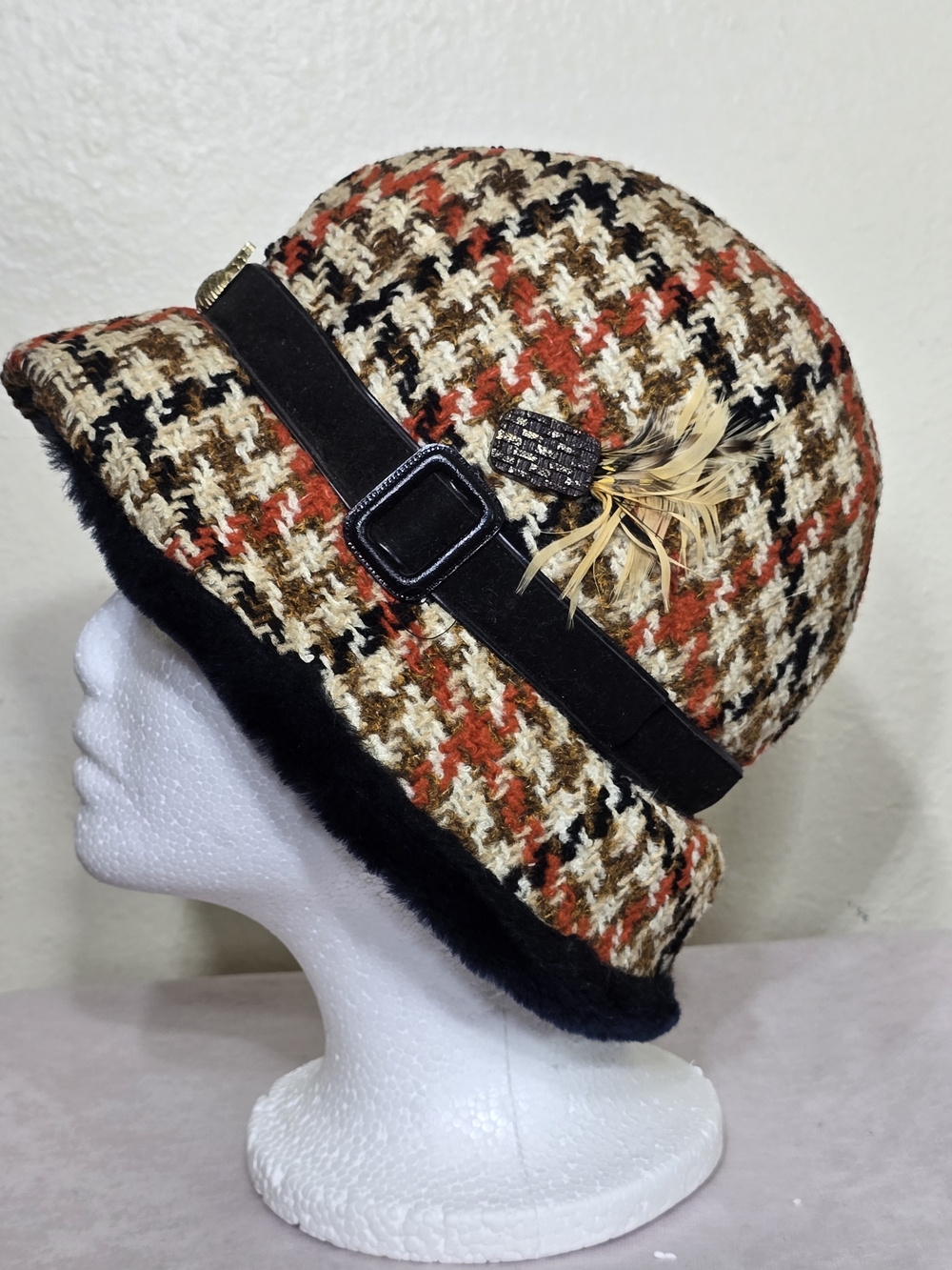 Scala Collezione Tweed Cloche Bucket Hat Medium Wool Blend Cream Brown Rust - Picture 4 of 11